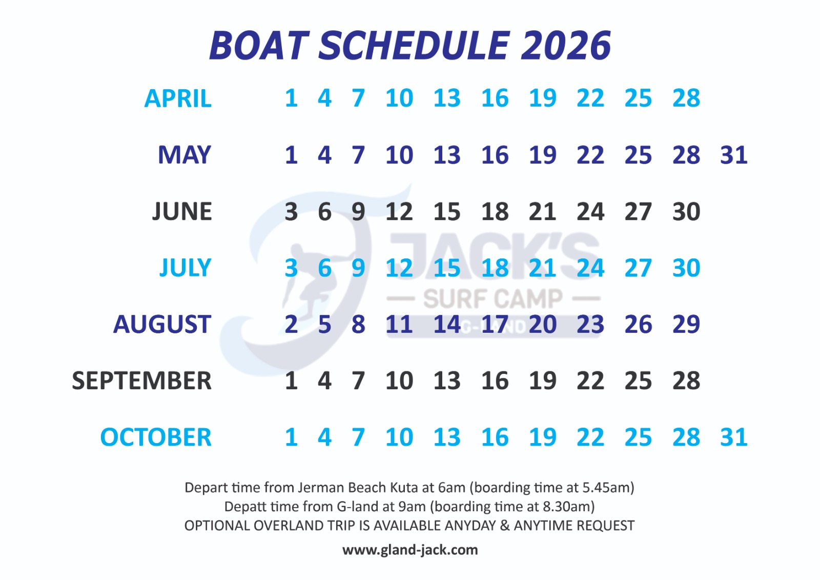 BOAT SCHEDULE 2026 - Jack's Gland Surfcamp
